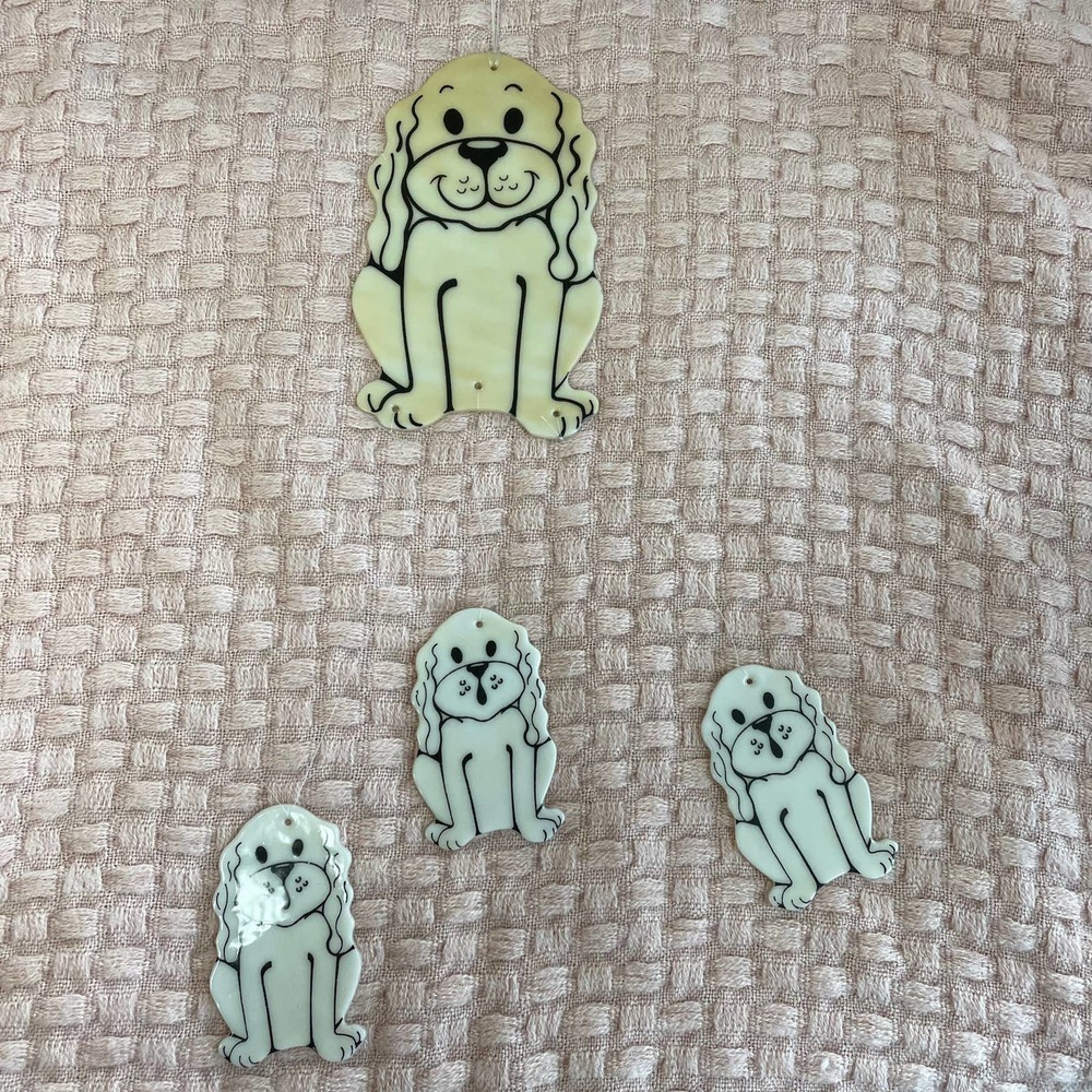 Vintage 1970s Kitchy novelty Dog Cream White Glass Windchime Home Decor